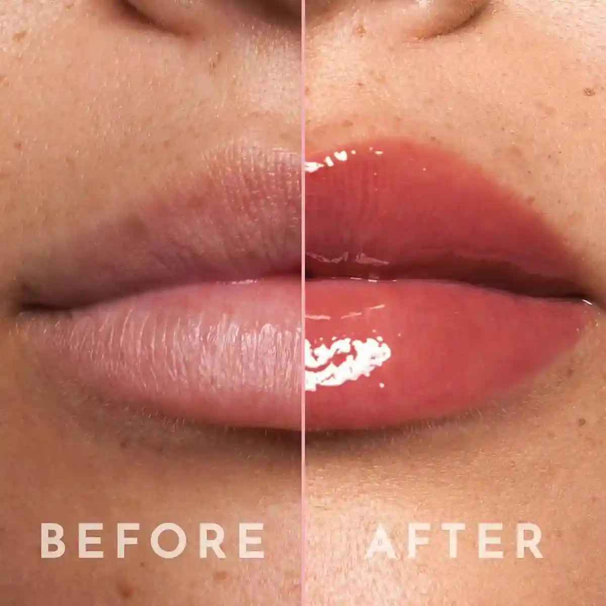 Close-up of lips before and after applying hydrating rose-tinted lip gloss with glossy finish.