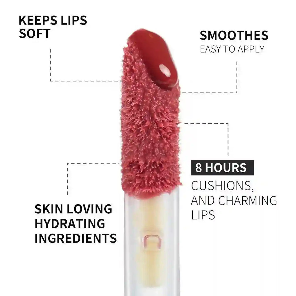 Rose pink textured lip gloss applicator with hydrating formula details and soft cushion tip.
