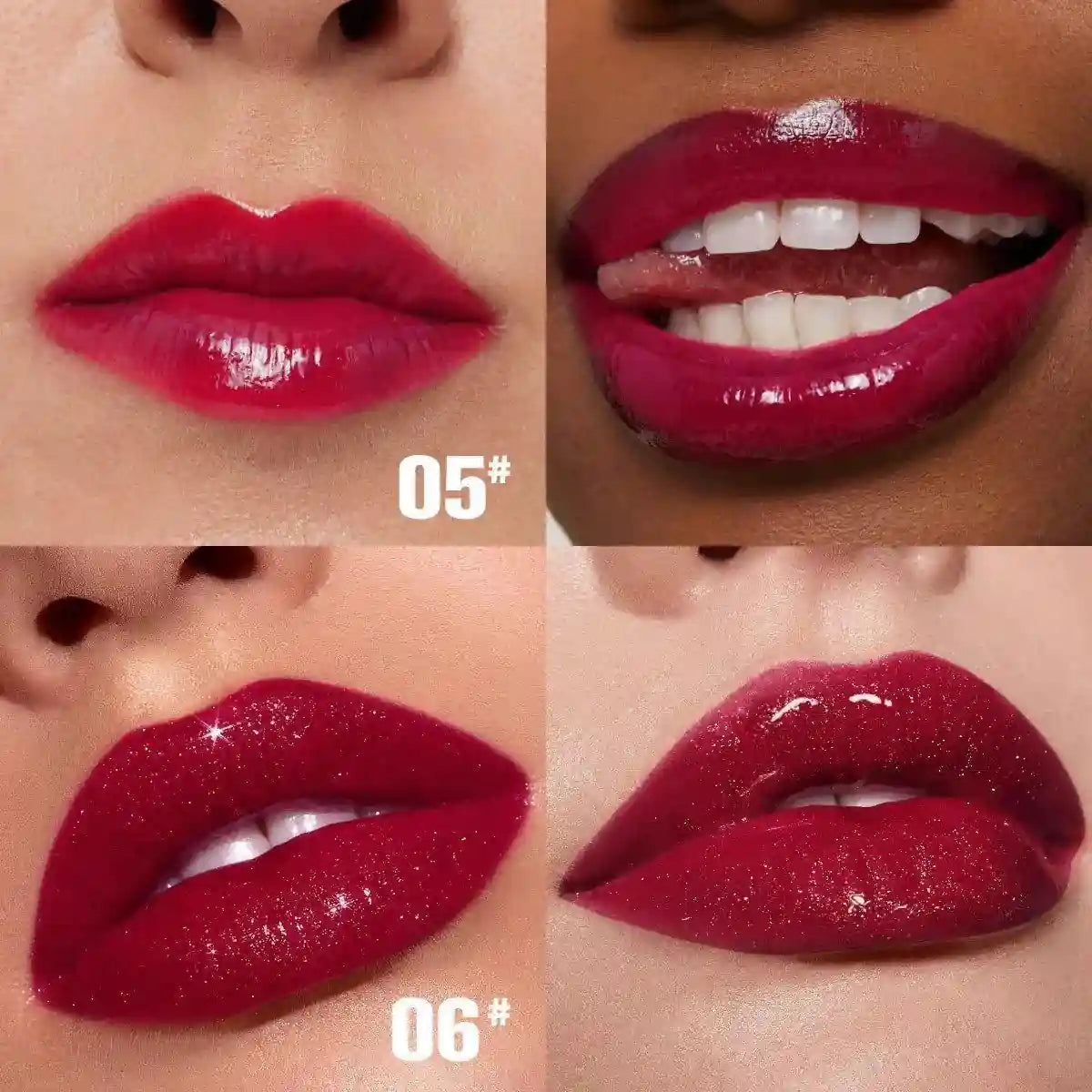 Close-up of lips wearing PHOFAY Rose Blooming Lip Gloss shades 05 and 06 with glossy, deep rose tint and smooth shine.