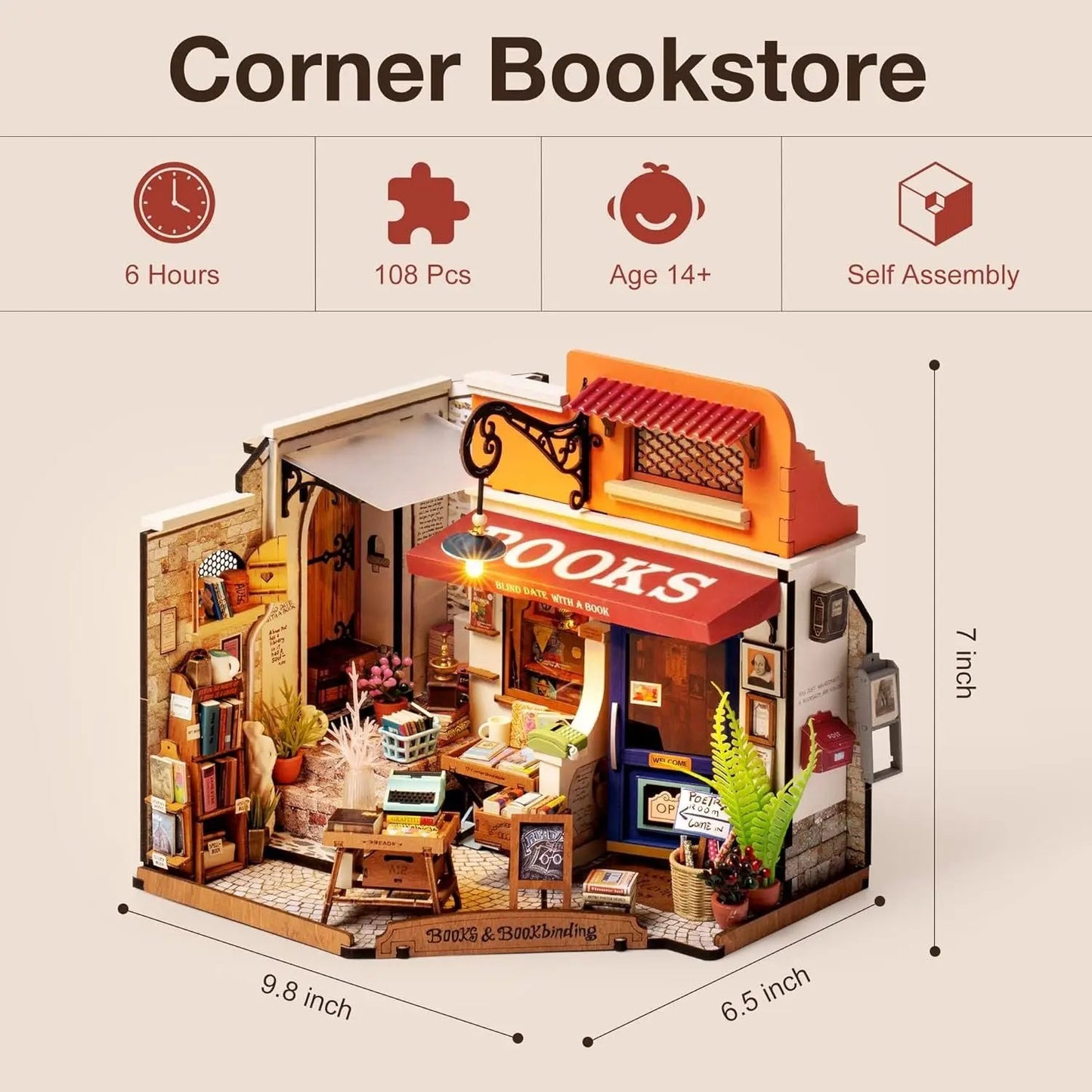 Robotime DIY Miniature Bookstore Kit – Wooden Dollhouse with LED Lights (DG164) Everware Hub