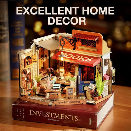 Robotime DIY Miniature Bookstore Kit – Wooden Dollhouse with LED Lights (DG164) Everware Hub