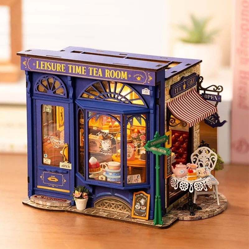 ROBOTIME DIY Tea Room Dollhouse Kit – Wooden Miniature with LED Lights & Furniture Gift Set Everware Hub