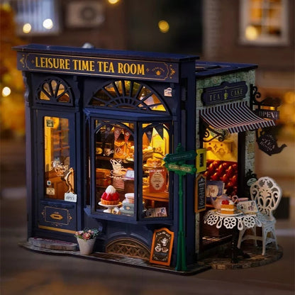 ROBOTIME DIY Tea Room Dollhouse Kit – Wooden Miniature with LED Lights & Furniture Gift Set Everware Hub