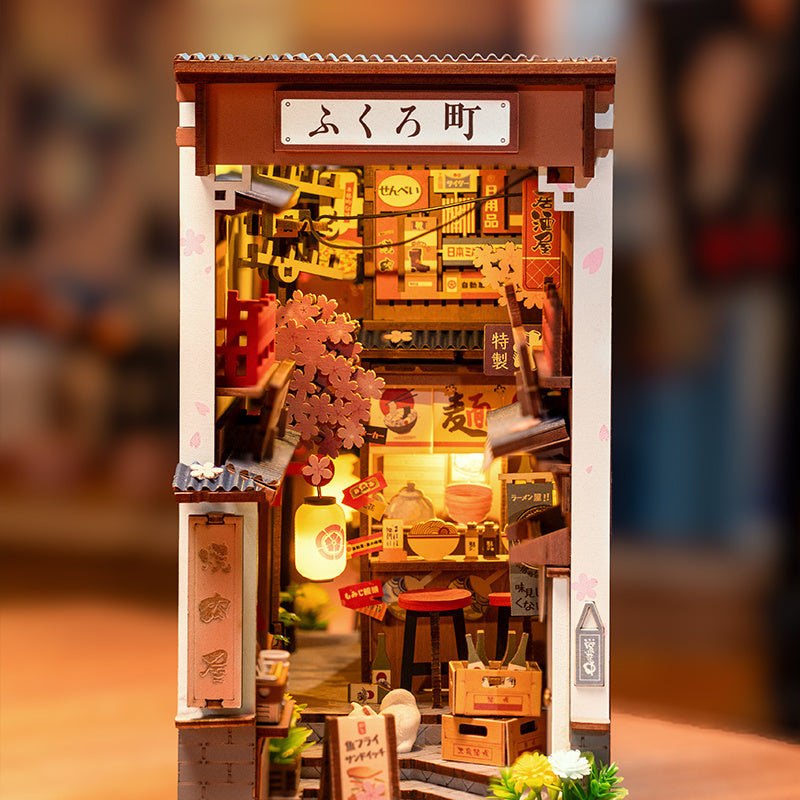 ROBOTIME DIY Book Nook Kit - Sakura Wine Alley With LED Lights, 3D Wooden Miniature Dollhouse Puzzle, Creative Bookend Bookshelf Decor, Unique Gift For Adults Everware Hub