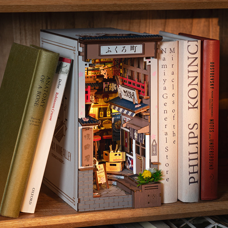 ROBOTIME DIY Book Nook Kit - Sakura Wine Alley With LED Lights, 3D Wooden Miniature Dollhouse Puzzle, Creative Bookend Bookshelf Decor, Unique Gift For Adults Everware Hub