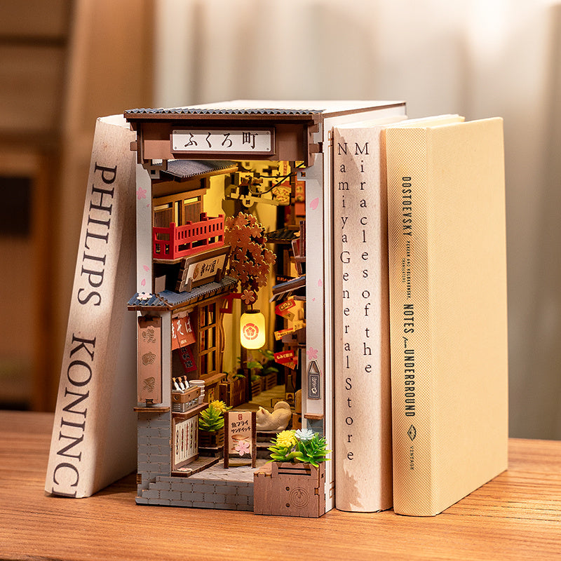 ROBOTIME DIY Book Nook Kit - Sakura Wine Alley With LED Lights, 3D Wooden Miniature Dollhouse Puzzle, Creative Bookend Bookshelf Decor, Unique Gift For Adults Everware Hub