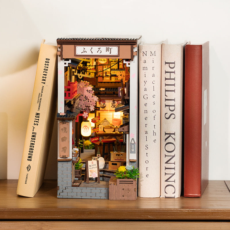 ROBOTIME DIY Book Nook Kit - Sakura Wine Alley With LED Lights, 3D Wooden Miniature Dollhouse Puzzle, Creative Bookend Bookshelf Decor, Unique Gift For Adults Everware Hub