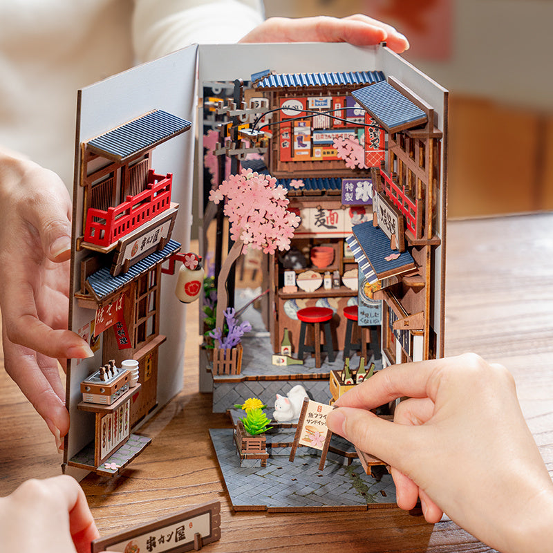 ROBOTIME DIY Book Nook Kit - Sakura Wine Alley With LED Lights, 3D Wooden Miniature Dollhouse Puzzle, Creative Bookend Bookshelf Decor, Unique Gift For Adults Everware Hub
