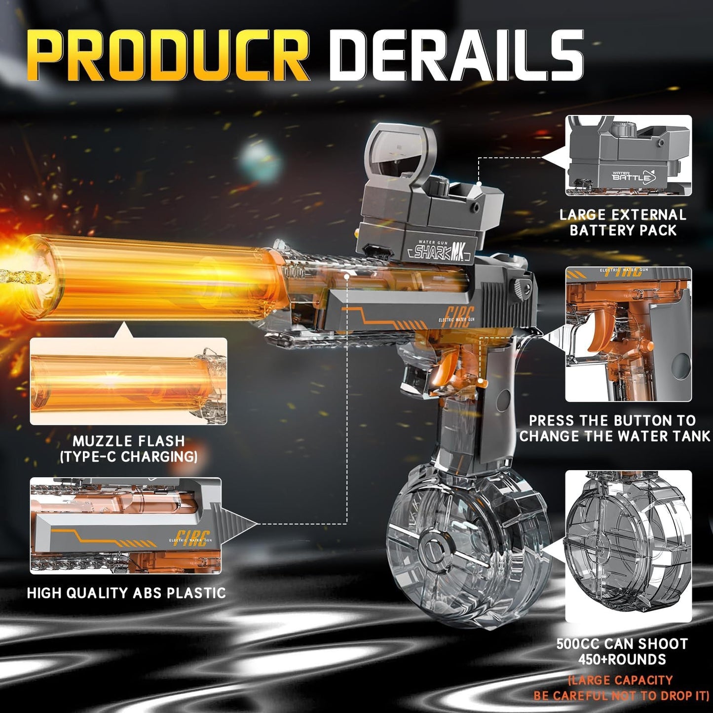 Black & Blue Desert Eagle Electric Water Gun ,Linkage Flame Backlight Blaster for Summer Fun Everware Hub