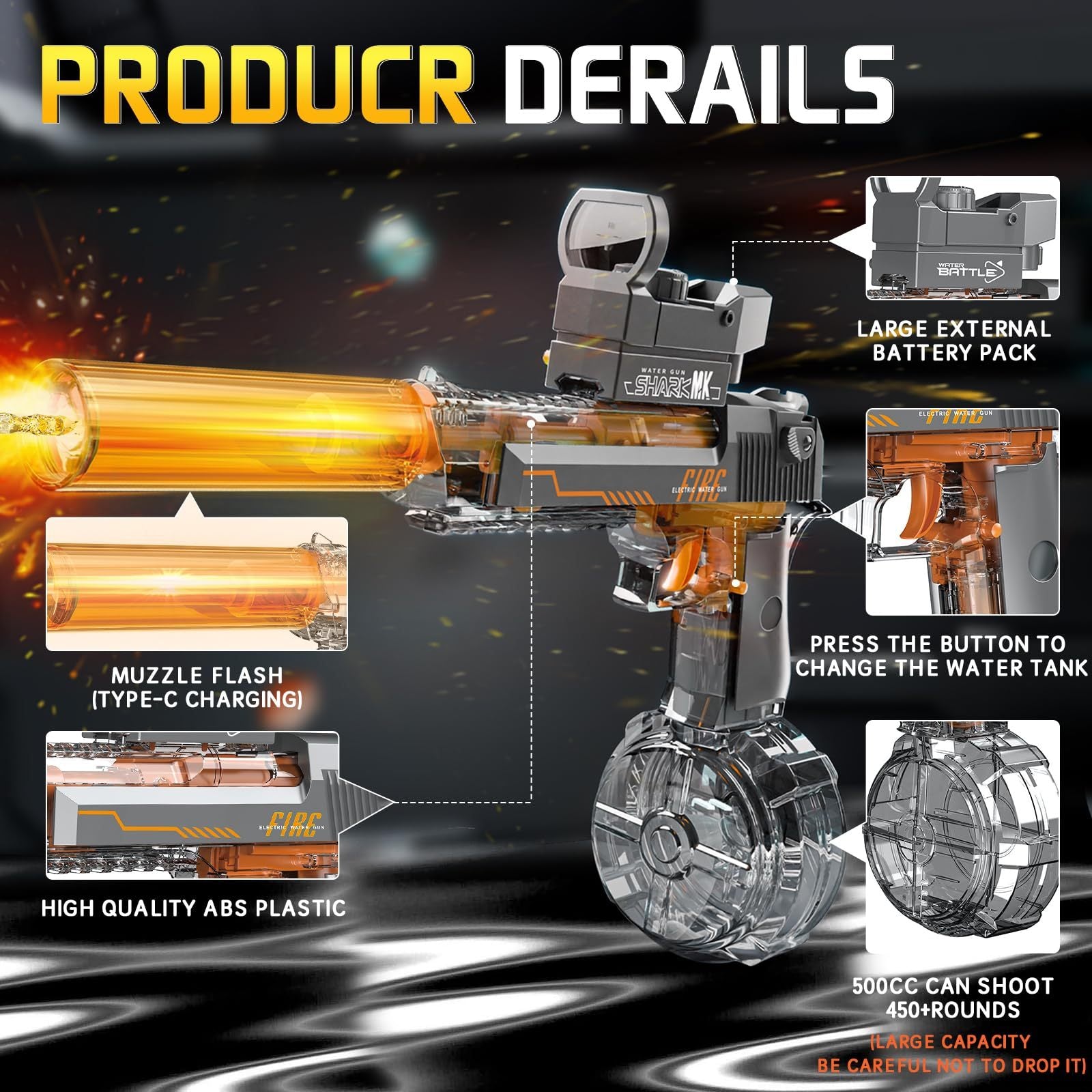 Black & Blue Desert Eagle Electric Water Gun ,Linkage Flame Backlight Blaster for Summer Fun Everware Hub