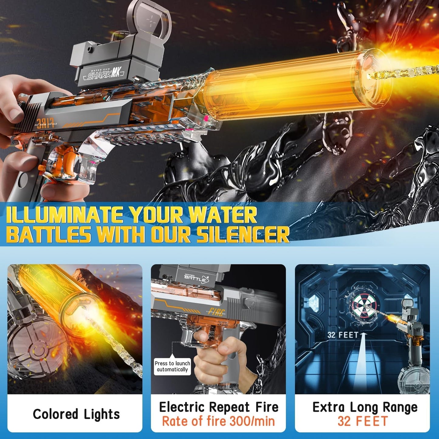 Black & Blue Desert Eagle Electric Water Gun ,Linkage Flame Backlight Blaster for Summer Fun Everware Hub