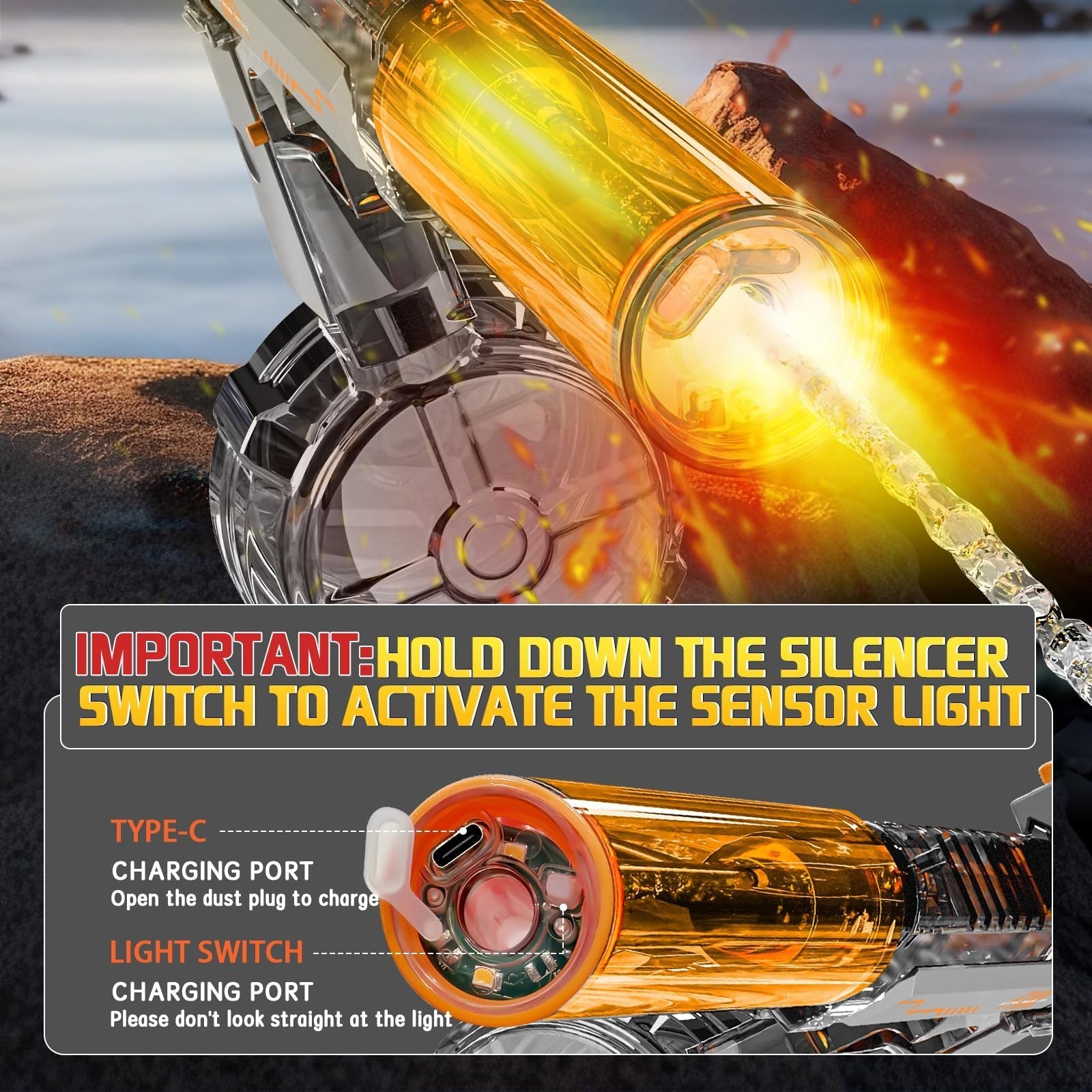 Black & Blue Desert Eagle Electric Water Gun ,Linkage Flame Backlight Blaster for Summer Fun Everware Hub