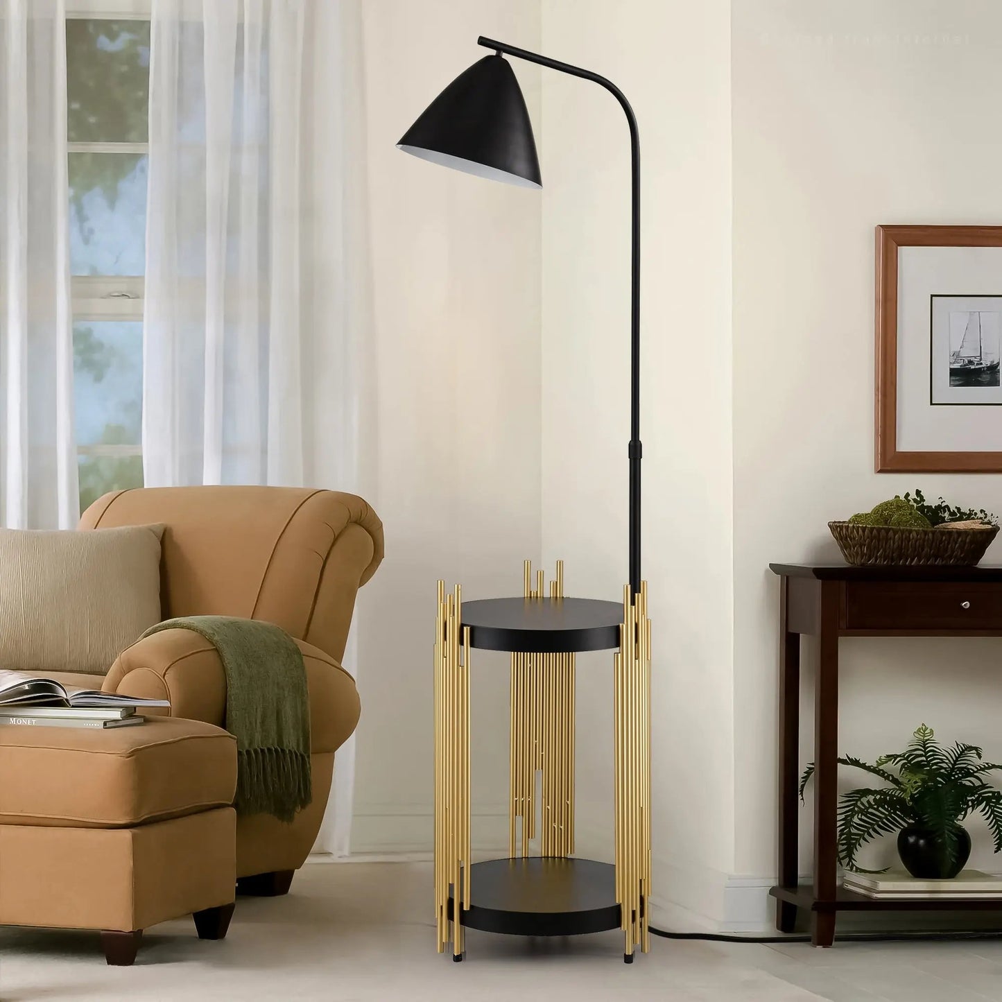 Luxury Floor Lamp with Shelves – Matte Gold/Black, E26 Base Everware Hub