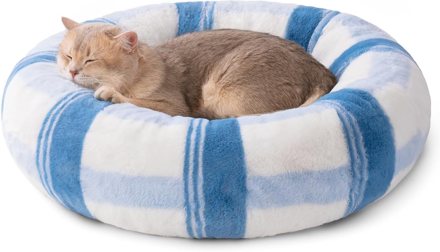 MEWOOFUN Plush Round Cat Bed For Indoor Cats - Calming Washable Pet Bed With Non-Slip Bottom, Soft Fluffy Dog Bed For Puppy & Kitten, 23 Inch Blue Striped Everware Hub
