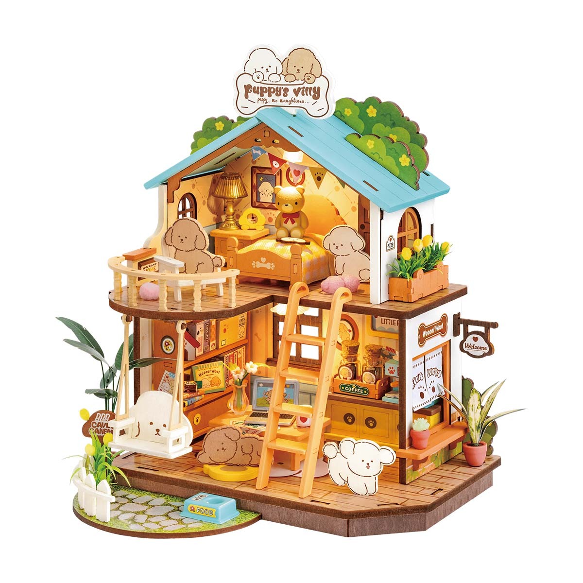 ROBOTIME Puppy's Cozy Villa DIY Dollhouse Kit – Wooden Miniature with LED Lights & Furniture for Adults & Kids Everware Hub