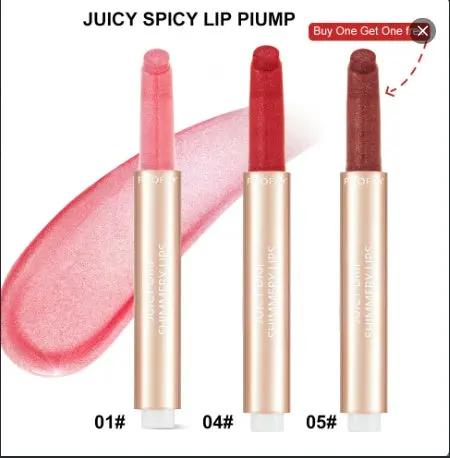 Three PHOFAY Juicy Lip Plump tubes in shades 01 pale pink, 04 vibrant red, and 05 deep brown with glossy swatches behind.