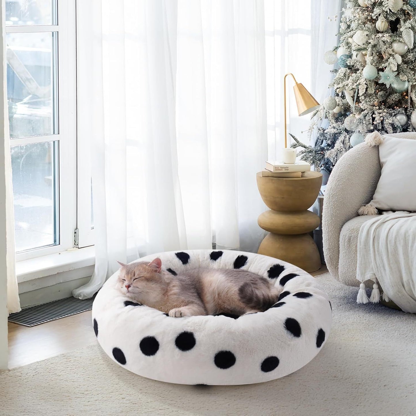MEWOOFUN Donut Cat Bed For Indoor Cats - 23 Inch Round Washable Pet Bed With Non-Slip Bottom, Plush Fluffy Small Dog Bed For Puppies & Kittens, Black Dot Everware Hub