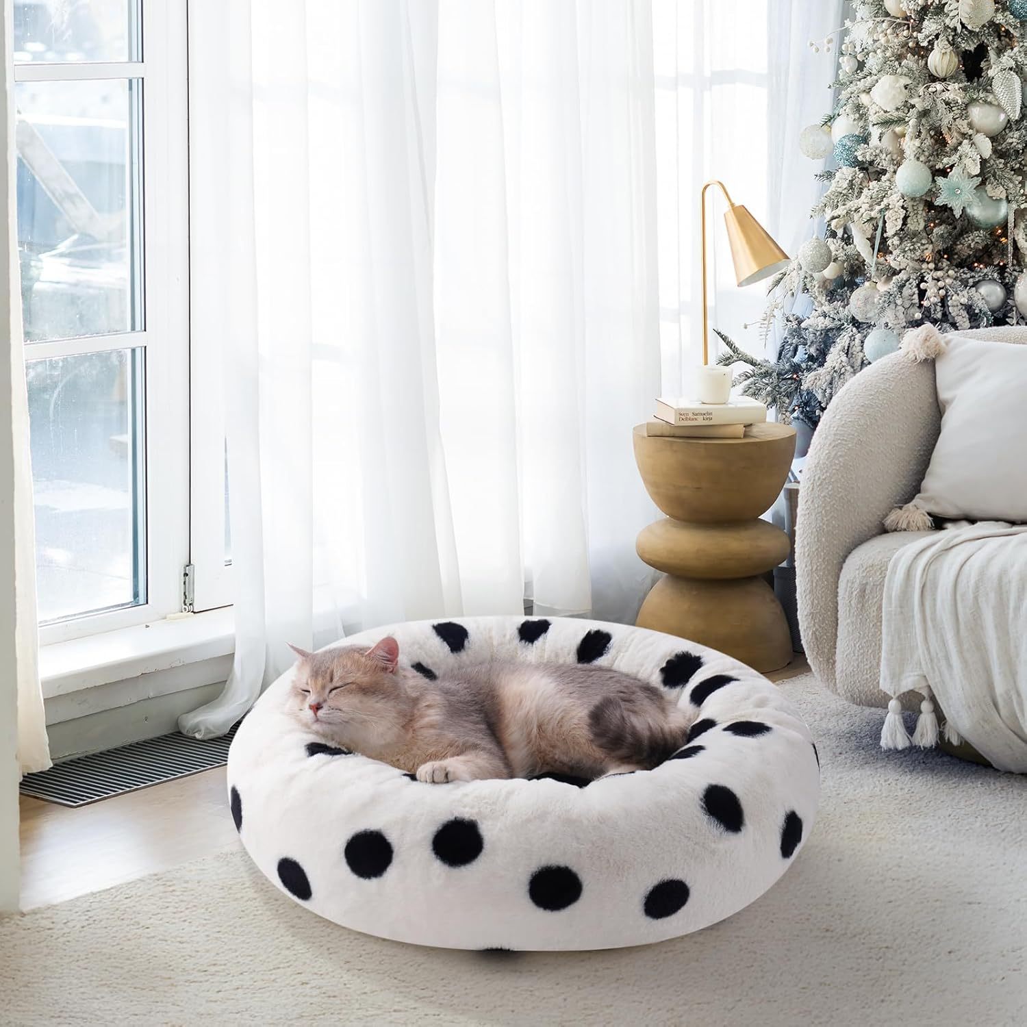MEWOOFUN Donut Cat Bed For Indoor Cats - 23 Inch Round Washable Pet Bed With Non-Slip Bottom, Plush Fluffy Small Dog Bed For Puppies & Kittens, Black Dot Everware Hub