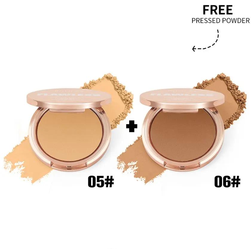 Two open PHOFAY Matte Setting Pressed Powders in shades 05 and 06 with matching powder swatches behind each compact.
