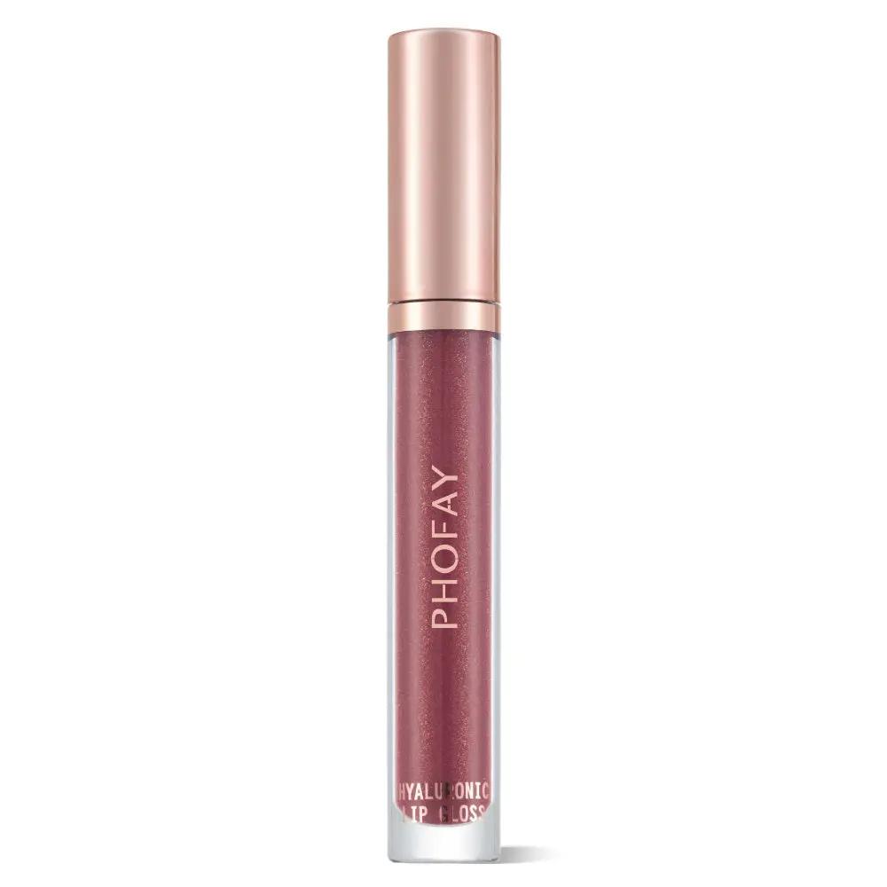 PHOFAY Hyaluronic lip gloss in deep mauve shade with metallic rose gold cap and clear tube.