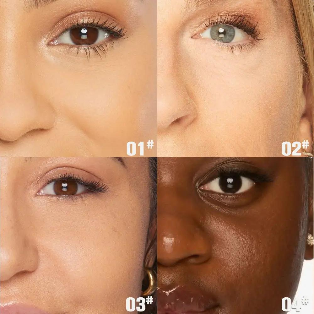 Four close-up faces showcasing PHOFAY Setting Soft Touch Loose Powder in shades 01, 02, 03, and 04 with matte finish.