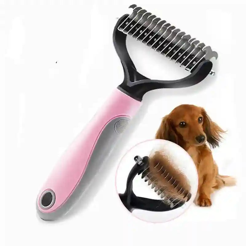Pink double-sided dematting comb with black handle and rounded metal blades for dog grooming.