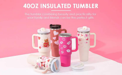 40 Oz Tumbler With Handle Straw Insulated, Stainless Steel Spill Proof Vacuum Coffee Cup Tumbler With Lid Tapered Mug Gifts For Valentine Lover Suitable For Car Gym Office Travel Everware Hub