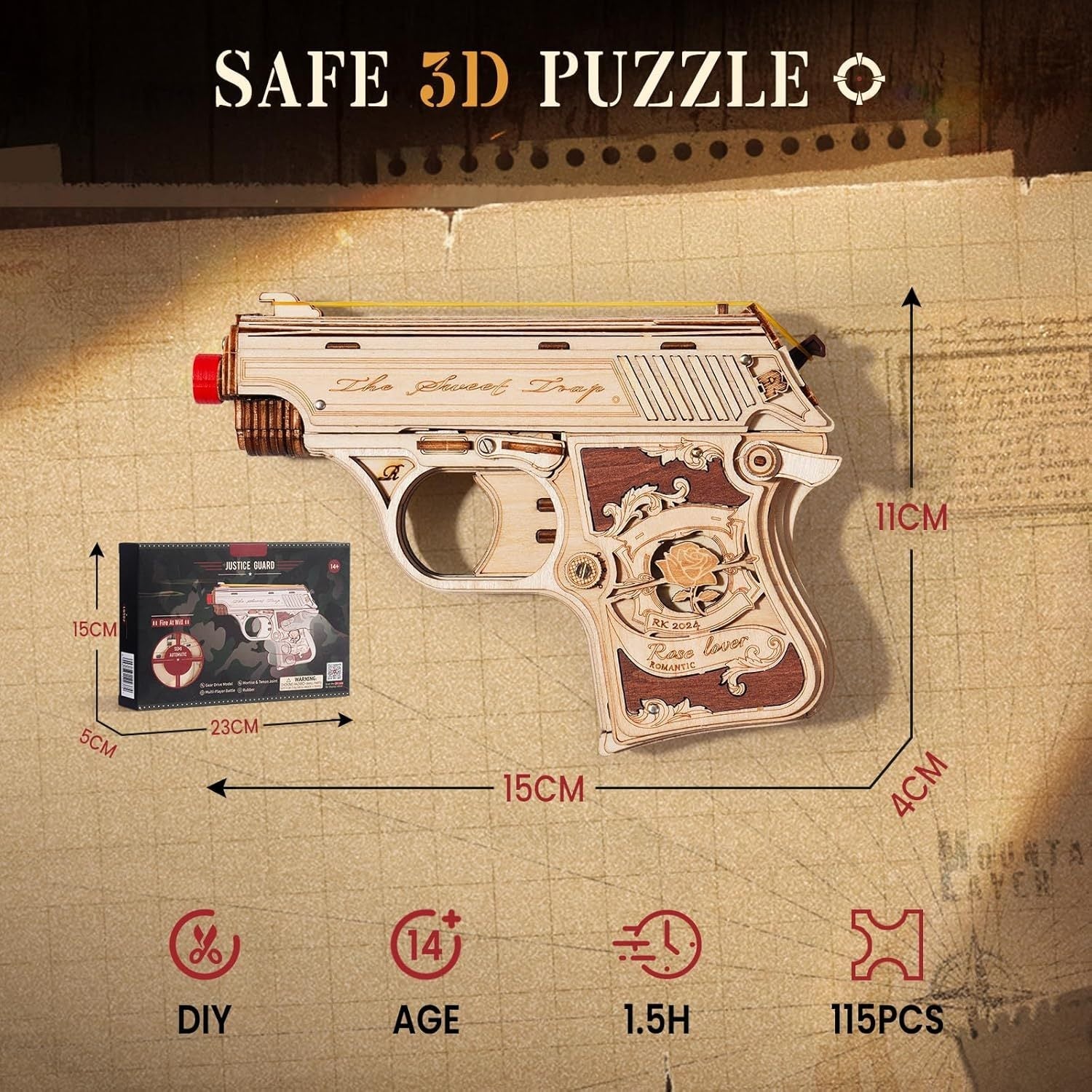 ROBOTIME Wooden Hideout Gun ,3D Mechanical Puzzle Model Construction Craft Kit Everware Hub