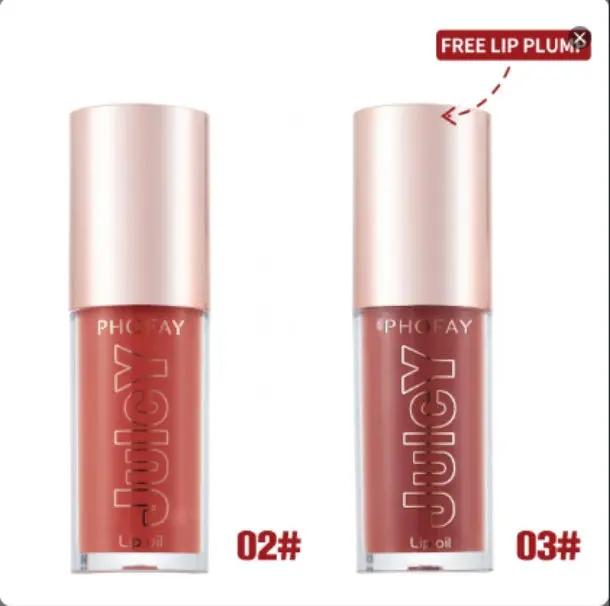 Two PHOFAY Juicy Lip Oil tubes in rose gold packaging, shades 02# deep coral and 03# soft pink.