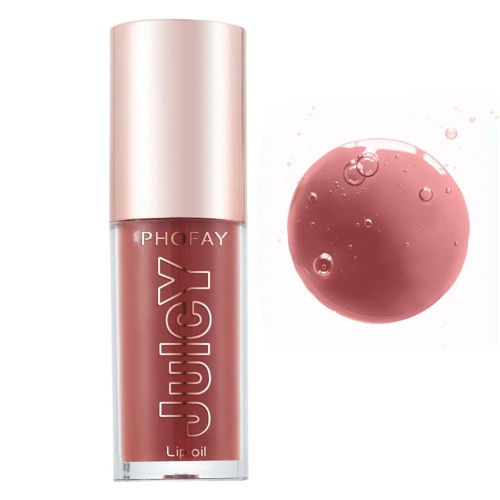 PHOFAY Juicy Lip Oil in rosy pink shade with clear glass bottle and rose gold cap, glossy lip swatch with water droplets.