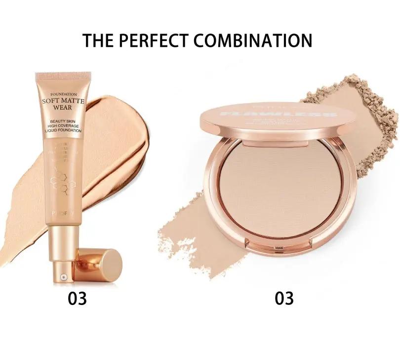 PHOFAY matte setting pressed powder and liquid base in shade 03 with soft beige tones and smooth texture.