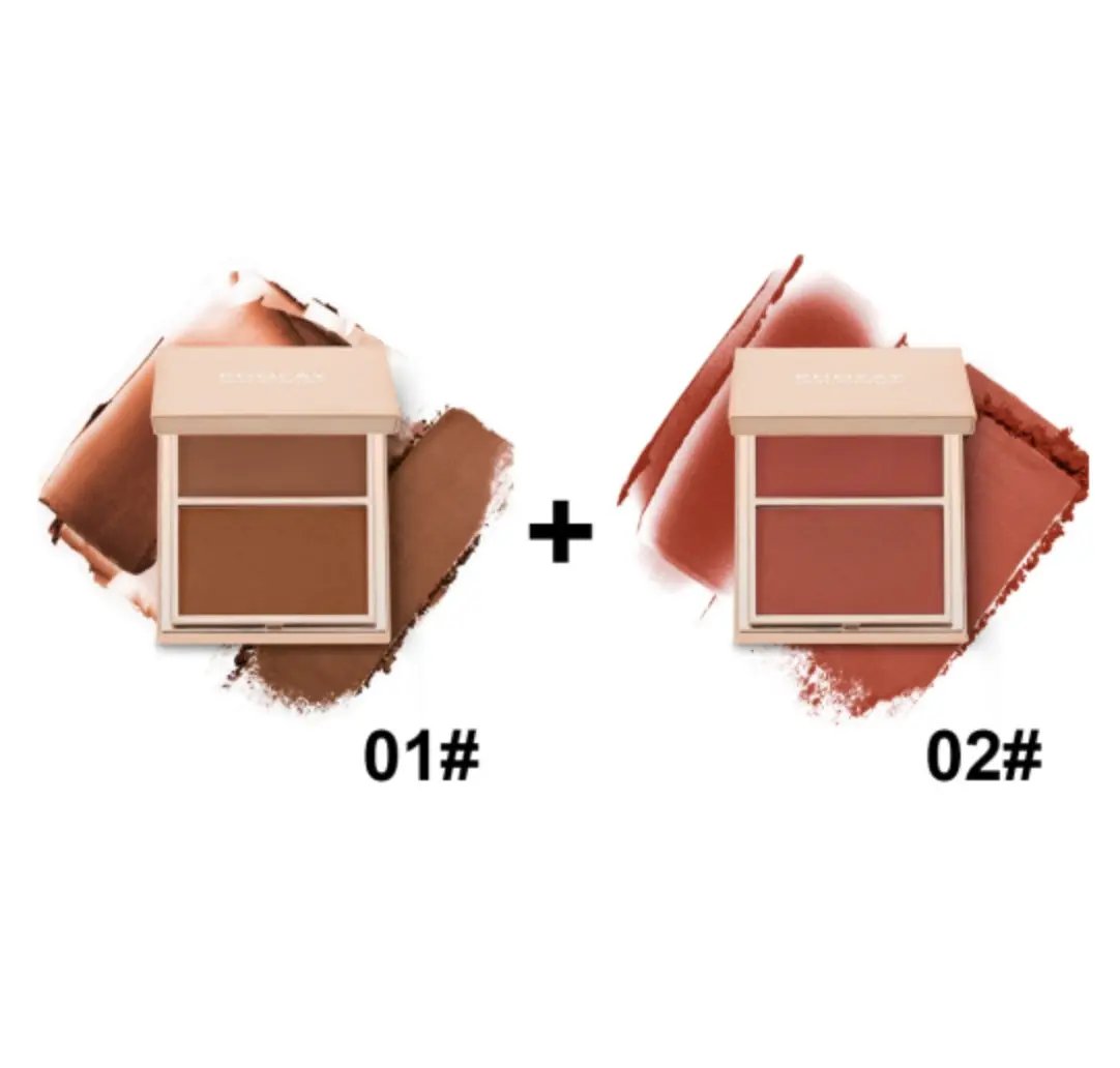 Two compact blush duos with cream and powder shades in warm nude and rosy tones labeled 01# and 02#.