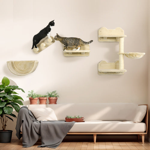 PawHut Wall-Mounted Cat Shelves – 4-Piece Cat Climbing Set with Hammock, Perches & Scratching Post, Beige Everware Hub