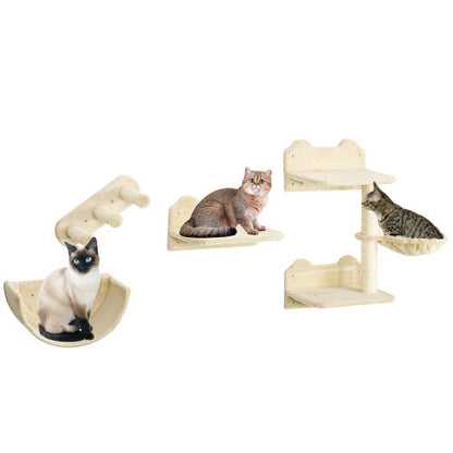 PawHut Wall-Mounted Cat Shelves – 4-Piece Cat Climbing Set with Hammock, Perches & Scratching Post, Beige Everware Hub