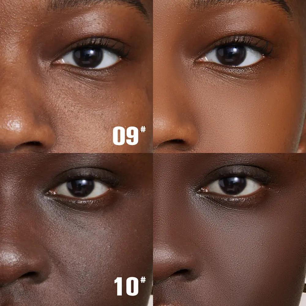 Close-up comparison of skin tones showing PHOFAY Full Coverage Foundation shades 09 and 10 on medium dark and deep skin with .