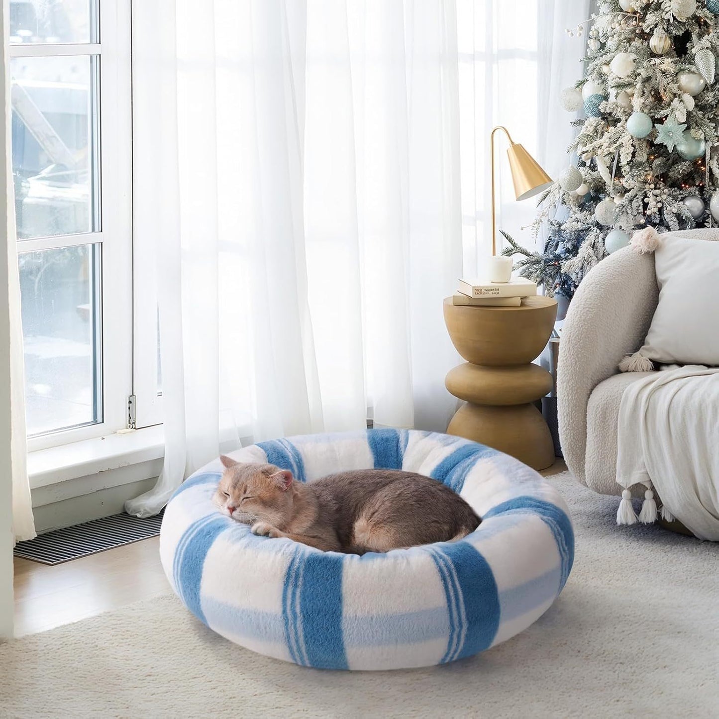 MEWOOFUN Plush Round Cat Bed For Indoor Cats - Calming Washable Pet Bed With Non-Slip Bottom, Soft Fluffy Dog Bed For Puppy & Kitten, 23 Inch Blue Striped Everware Hub