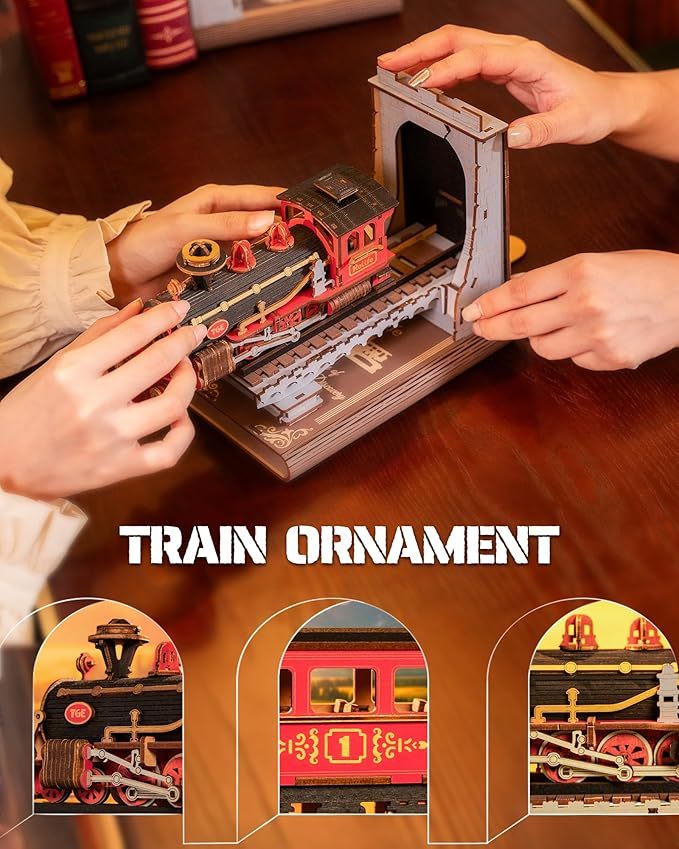 ROBOTIME Century Train DIY Book Nook Kit – 3D Wooden Puzzle Bookend Model for Adults & Kids Everware Hub