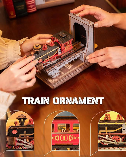 ROBOTIME Century Train DIY Book Nook Kit – 3D Wooden Puzzle Bookend Model for Adults & Kids Everware Hub