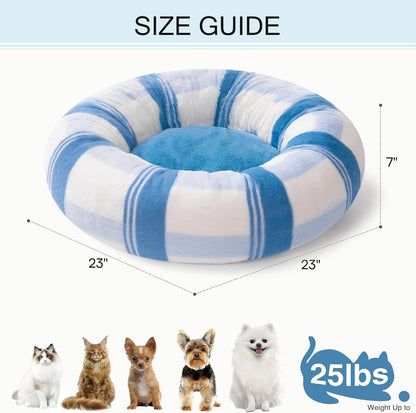 MEWOOFUN Plush Round Cat Bed For Indoor Cats - Calming Washable Pet Bed With Non-Slip Bottom, Soft Fluffy Dog Bed For Puppy & Kitten, 23 Inch Blue Striped Everware Hub
