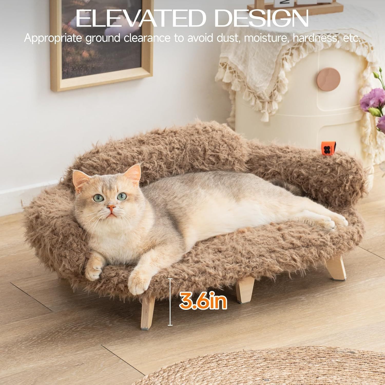 MEWOOFUN Elevated Cat Bed With Washable Cover - 26x18.3x8.5 Inch Wooden Pet Sofa For Cats & Small Medium Dogs, Modern Pet Furniture Brown Everware Hub