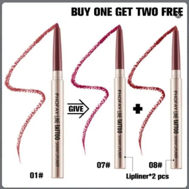 Three PHOFAY lipliners in mauve, rosy pink, and deep brown shades with swatches and "Buy One Get Two Free" text.