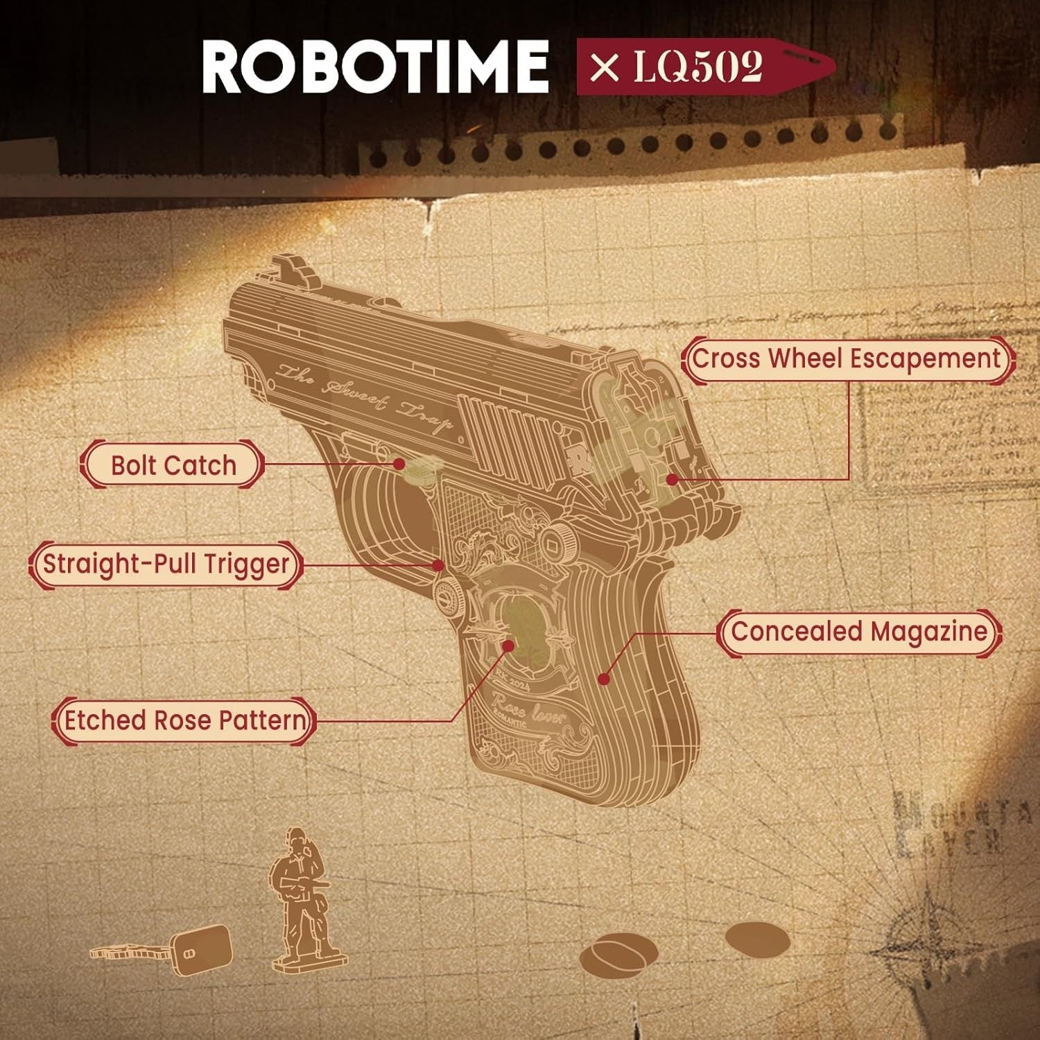 ROBOTIME Wooden Hideout Gun ,3D Mechanical Puzzle Model Construction Craft Kit Everware Hub