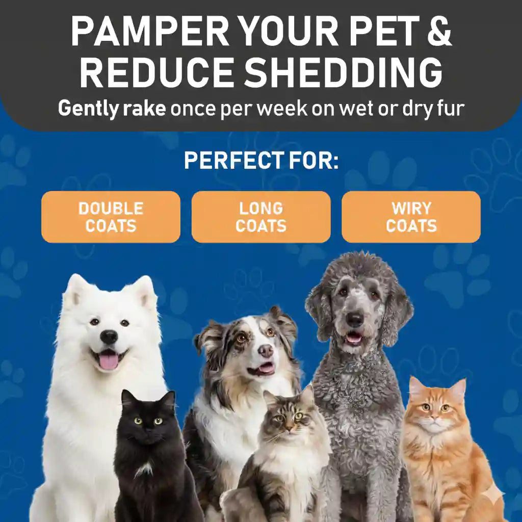 Double-sided dematting comb with stainless steel blades for detangling and de-shedding pets with long, wiry, and double.