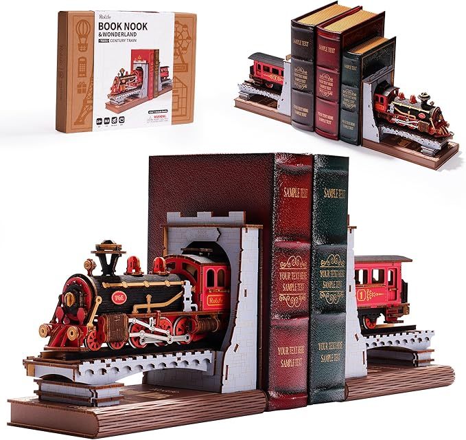 ROBOTIME Century Train DIY Book Nook Kit – 3D Wooden Puzzle Bookend Model for Adults & Kids Everware Hub