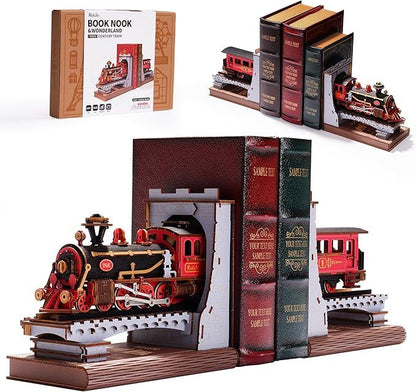 ROBOTIME Century Train DIY Book Nook Kit – 3D Wooden Puzzle Bookend Model for Adults & Kids Everware Hub