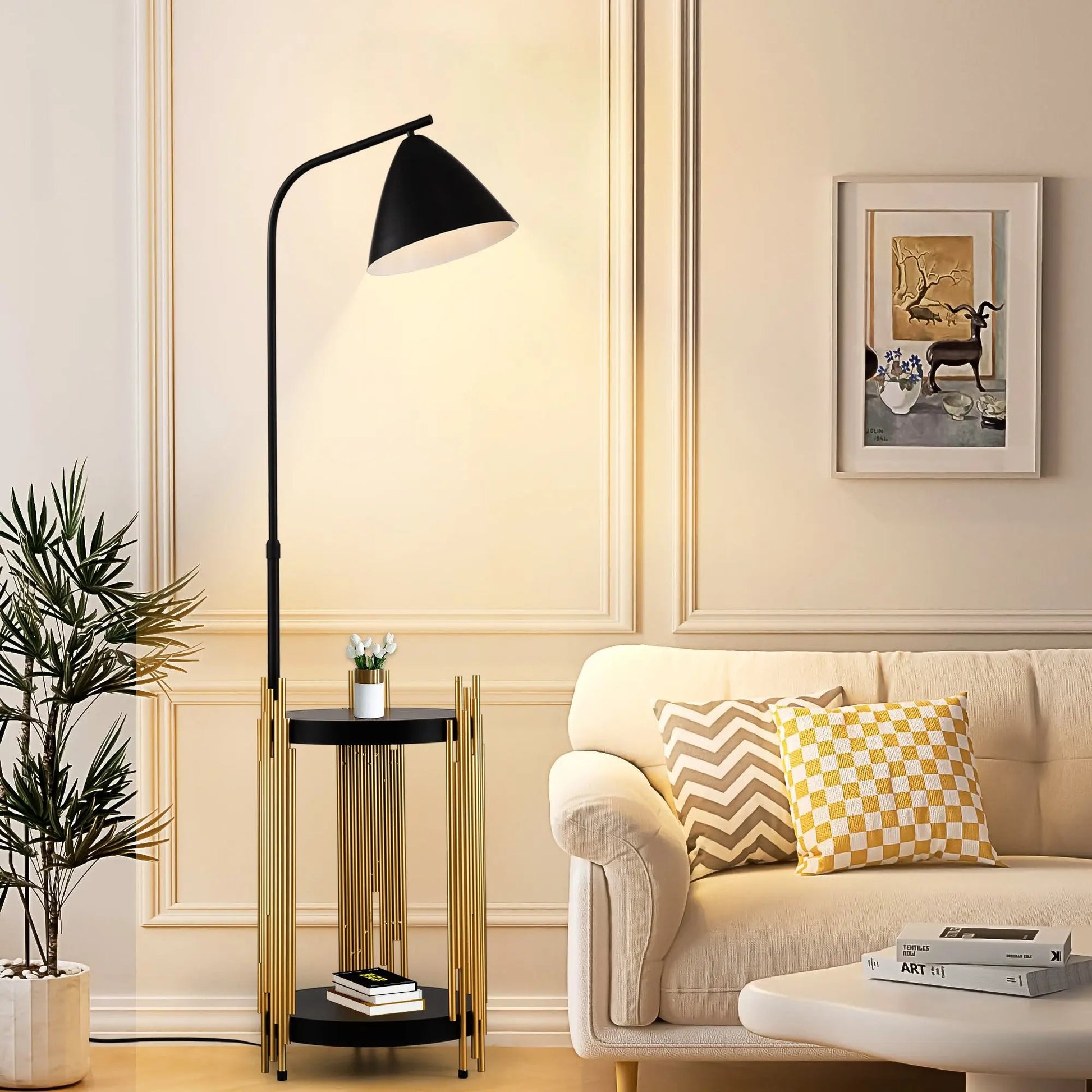 Luxury Floor Lamp with Shelves – Matte Gold/Black, E26 Base Everware Hub