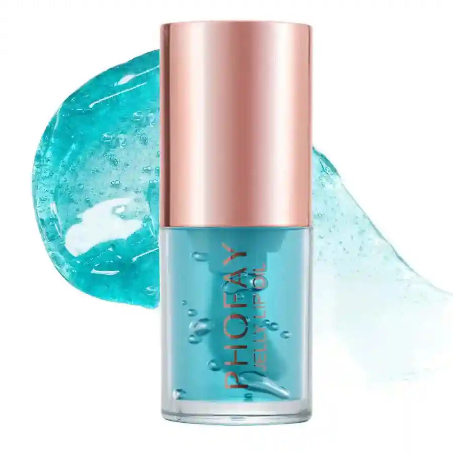 PHOFAY Jelly Lip Oil in translucent blue with rose gold cap and clear hydrating formula visible inside.