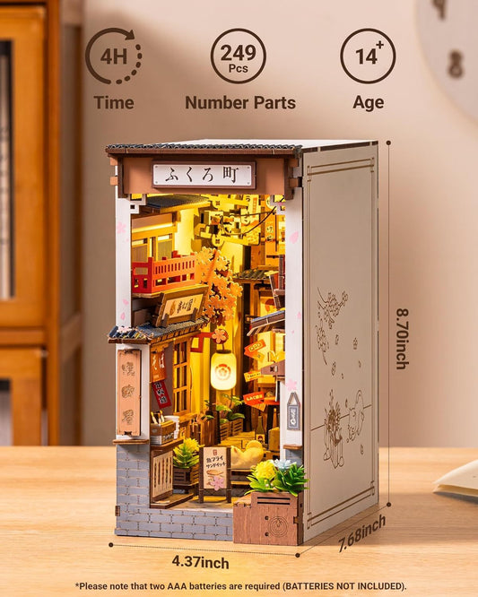 ROBOTIME DIY Book Nook Kit - Sakura Wine Alley With LED Lights, 3D Wooden Miniature Dollhouse Puzzle, Creative Bookend Bookshelf Decor, Unique Gift For Adults Everware Hub