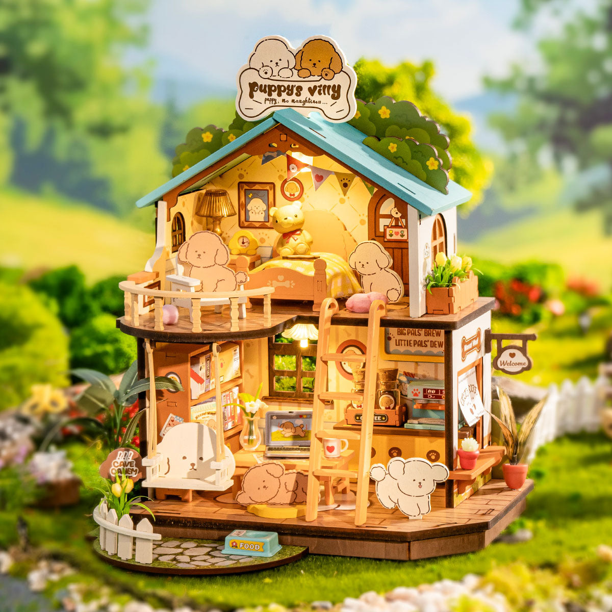 ROBOTIME Puppy's Cozy Villa DIY Dollhouse Kit – Wooden Miniature with LED Lights & Furniture for Adults & Kids Everware Hub