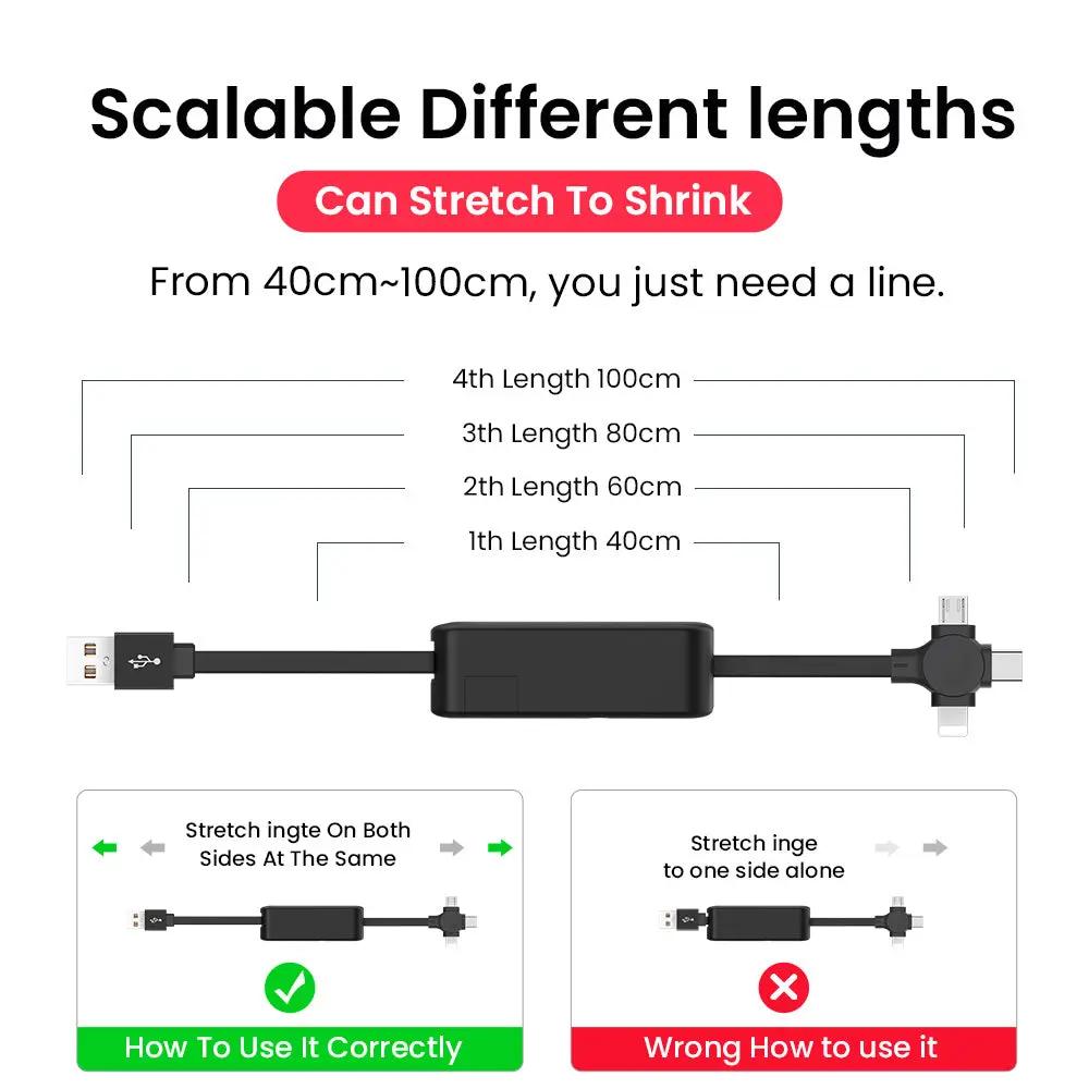 4-in-1 Retractable USB Cable with Stand – Type-C, iPhone, Micro USB Everware Hub